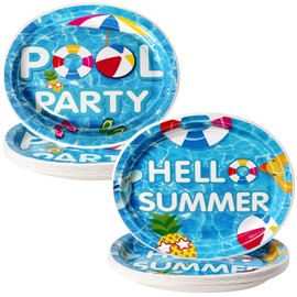 Dereinwo 50Pcs Pool Party Oval Paper Plates -12" x 10" Large Disposable Heavy Duty Party Plates for Pool Party Party Supplies