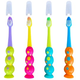 Trueocity Kids Toothbrush 4 Pack - Soft Contoured Bristles - Child Sized Brush Heads (3-10 Year Old) - Suction Cup for Fun & Easy Storage - Assorted Set (Blue, Orange, Pink, Yellow, Purple, Green)