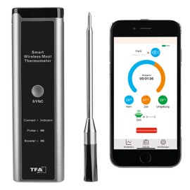 TFA Dostmann Wireless Meat Thermometer Smart BBQ 70 m, 14.1515.10, Grill Thermometer, for Grill/Oven/Hot Air Fryer, Dishwasher Safe, Roasting Thermometer, Kitchen Chef, Black/Grey