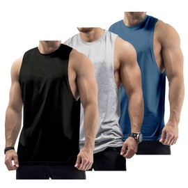 InleaderStyle 3 Pack Men's Workout Tank Tops Cotton Gym Muscle Sleeveless T-Shirts Bodybuilding Fitness Athletic Tank Tops - BK+GY+NVBU-M
