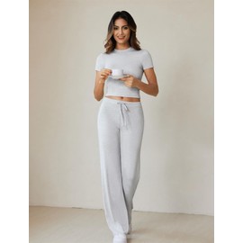 COPYLEAF Two Piece Lounge Sets for Women Wide Leg Pants Short Sleeve Crop Tops Y2k Matching Sets Travel Outfits(Light Grey S)