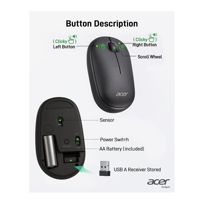acer Computer Mouse Wireless, 2.4G Slim USB Wireless Mice with