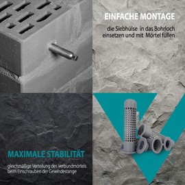 Vooxa Optimal Sieve Sleeves 12 x 50 mm for Composite Mortar, Pack of 10, for M6-M8 Thread, Plastic Anchor Sleeve for Filling with Injection Mortar, Durable and Firm