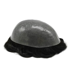 SINGA HAIR Mens Toupee Full Poly Thin Soft Human Hair System All Transparent Skin Replacement Durable PU Hairpiece Wig for Men (8''x10'' 110% Light to Medium Density, 1# Jet Black)