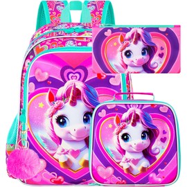 3PCS Unicorn Backpack, Water Resistant Girls Bookbag Set with Lunch Box, Cute Kids School Bag for Preschool Toddler - Heart Unicorn