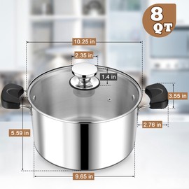 8 Quart 3-Ply Cooking Stock Pot with Lid, P&P CHEF Stainless Steel Large Pot for Pasta Soup, Work on Multi Stove, Heavy Duty & Dishwasher Safe, Dual Heat-resistant Handles & Visible Lid
