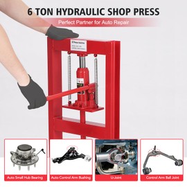 6-Ton Hydraulic Shop Press, Heavy Duty Benchtop Hydraulic Shop Press with 2 Press Plates, H-Frame Pneumatic Shop Press Adjustable Height,Red