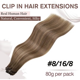 Hetto Clip-In Real Hair Extensions, Balayage Real Hair Extensions Clip Light Brown to Dark Blonde Straight Remy Full Head Natural Invisible Hair Extensions 5 Pieces 80 g 35 cm #8/16/8