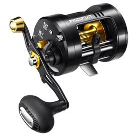 Piscifun Chaos Pro Baitcasting Fishing Reel, CNC Machined Aluminum Body Round Catfish Reel with 25LB Max Drag, Trolling Reel with Level Wind & Magnetic Braking for Lake & Saltwater, Gold, Right Hand