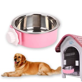 Pet Hanging Bowl 2-in-1 Removable Stainless Steel Food Hanging Bowl for Puppy/Cat, Andiker Pet Bowl Hanging Cage Large Water Food Feeder for Dogs Cats (Small, Pink)
