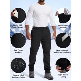 Men's Snow Ski Waterproof Fleece Lined Pants Winter Insulated Outdoor Hiking Mountain Softshell 6078-Black-30