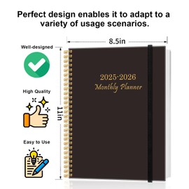 Monthly Planner 2026 – Monthly Calendar from January 2026 to December 2026, 12 Month Planner with Spiral Binding, Inner Pocket, Elastic Closure, 5.8" x 8.5", Black