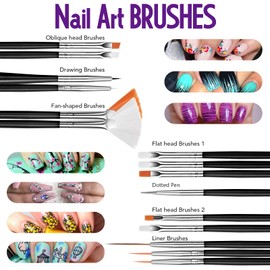 Fandamei Nail Art Brush and Decoration Set, 15 Pieces Brushes, 5 Sheets Nail Stickers, 5 Pieces Dotted Pen, Rhinestones, Iridescent Sequins, Butterfly Glitter, Gold Leaf for Nail Art (Black)