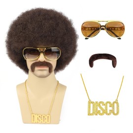70s Afro Wig for Men 5Pcs Set (Wig+ Glasses+ Necklace+ Mustache+ Wig Cap) Brown Natural Fluffy 70s 80s Afro Disco Wig Curly Synthetic Hair Wig for Halloween Chrismas Cosplay Party