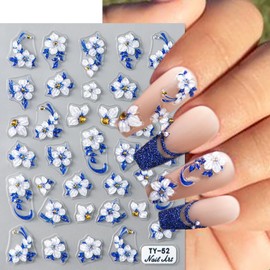 5D Flower Nail Art Stickers Blue Glitter Shiny Flowers Nail Decals 1 Sheets Embossed Floral Nail Stickers Self-Adhesive Blue Flower Nail Supplies for Women Girls Manicure Nail Decoration Accessories
