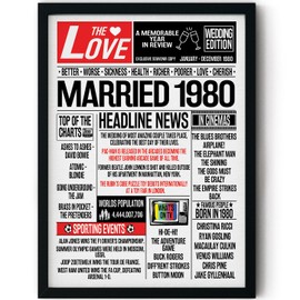 Stuff4 45th Anniversary Poster Framed - Married In 1980 Newspaper - Happy 45th Wedding Anniversary for Men Women Vintage Gifts Retro Back In 1980, 8x10 Inch Forty-Fifth Anniversaries Posters