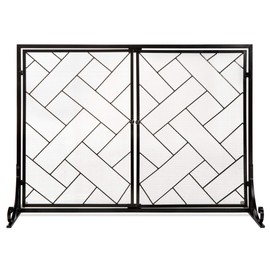 Best Choice Products 44x33in 2-Panel Handcrafted Wrought Iron Decorative Mesh Geometric Fireplace Screen, Fire Spark Guard w/Magnetic Doors - Black