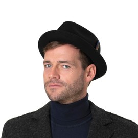 Stetson Salescott Player Wool Hat - Plain Hat with Coloured Grosgrain Ribbon - Pork Pie Style - Felt Hat with Asahi Guard - Autumn/Winter - For Men and Women, black