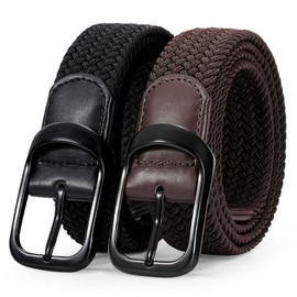 WERFORU 2 Pack Stretch Woven Belts Men's Elastic Braided Belt 1 3/8 Casual Golf Belt for Jeans Pants Black+Coffee