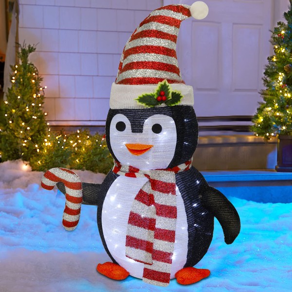 Juegoal Lighted Christmas Penguin Decorations, 2.5FT / 30Inch Outdoor Collapsible Black Penguin with Built-in Lights, Pre-Lit Pop Up Xmas Red Hat Penguin, Light Up for Holiday New Year Winter Decor