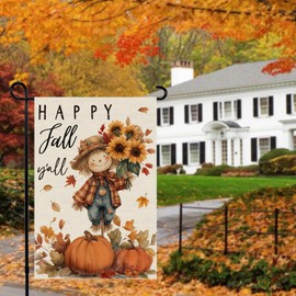 Happy Fall Y'all Garden Flag Scarecrow Welcome Small Flags for Outside, 12x18 Inch Pumpkin Sunflower Maple Leaves Double Sided Burlap Autumn Thanksgiving Harvest Outdoor Yard Decoration
