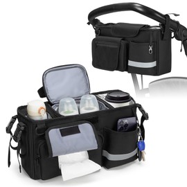 GRAOSO Parent Console Stroller Organizer Compatible with WONDERFOLD W&X, with 2 Insulated Cup Holders, A Removable Cooler Bag, Adjustable Buckle Strap Handle Attachment, Black