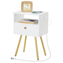HOOBRO Nightstand with Charging Station, Side Table with USB Ports and Outlet, End Table for Tight Spaces, Solid and Stable, for Office, Bedroom, Study, White and Gold DW88UBZ01
