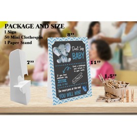 Blue Elephant Don't Say Baby Game (1 Sign And 50 Mini Natural Clothespins) Don't Say Baby Baby Shower Game, Baby Shower Decorations, Baby Shower Games Gender Neutral (2DS10)
