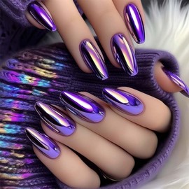 Chrome Press On Nails Medium Almond Fake Nails Purple False Nails With Mirror Metallic Design Acrylic Full Cover Nails Artificial Nails Glossy Glue On Nails Stick On Nails For Women 24pcs