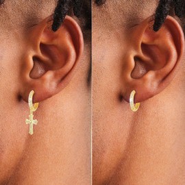 KRKC Cross Dangle Earrings - Sterling Silver Hoop, 14K Gold Plated, Hypoallergenic, 15mm Cross Dangle Drop Round Earrings For Men & Women