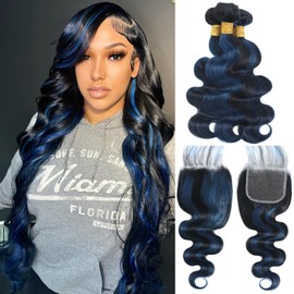 ALHER Midnight Blue Highlight 3 Bundles with 4x4 HD Lace Closure Human Hair 16 18 20+16 Inch, Body Wave #F1b/blue Black Roots to Blue Colored Bundle Wavy 100% Remy Hair Bundles with Closure Free Part