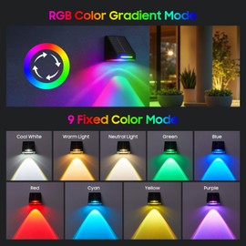 BUCASA Fence Lights Solar Powered, 9 Fixed Color ＆ RGB Gradient Modes, Brighter Spot Lens Solar Fence Lights Outdoor Waterproof, Dusk to Dawn Deck Lighting Decor for Backyard Wall Step Pool - 4 Pack