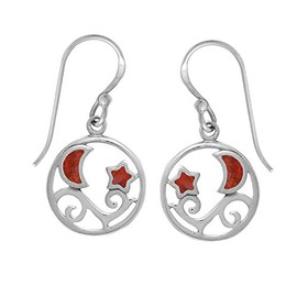 Boma Jewelry Sterling Silver Simulated Red Coral Moon & Stars Earrings