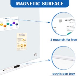 QUEENLINK Magnetic Glass Whiteboard, 4' x 3' Glass Dry Erase Board for Wall, 48" x 36" Large Frameless Glass White Board with 1 Marker Tray and 3 Magnets for Office, Home, Classroom - Normal White