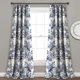 Lush Decor, Navy Botanical Garden Curtains Floral Bird Print Room Darkening Window Panel Drapes Set for Living, Dining, Bedroom (Pair), 95" x 52", 95 in x 52