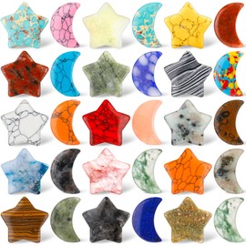 Nuenen 30 Pieces Large Worry Stones Bulks Moon Star Shaped Crystals Gemstone Star Bulks Palm Moon Hand Carved Thumb Stones for Witchcraft Supplies DIY Meditation Balancing