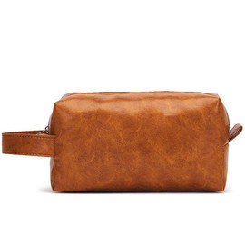 ZAUIBDUU Small Waterproof Leather Hand Carry Mens Travel Toiletry Bag (Light Brown)