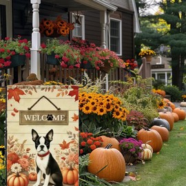 Fall Yard Flag 12x18 Double Sided Burlap, Seasonal Floral Boston Terrier Welcome Garden Flag, Decorations Outdoor Decor, Small Decorative Flags for Outside Garden Lawn Porch