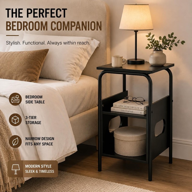 Small Side Table, Narrow End Table with 3-Tier Storage, Coffee