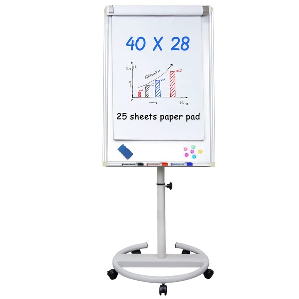 Mobile Dry Erase Board – 40x28 inches Magnetic Portable Whiteboard Stand Easel White Board Flipchart Easel Board with 25 Sheets Paper Pad