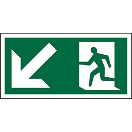 Seco Fire Exit - Arrow Pointing Down & Left & Man Running Left Pictogram Sign, 300mm x 150mm - 1mm Semi Rigid Plastic