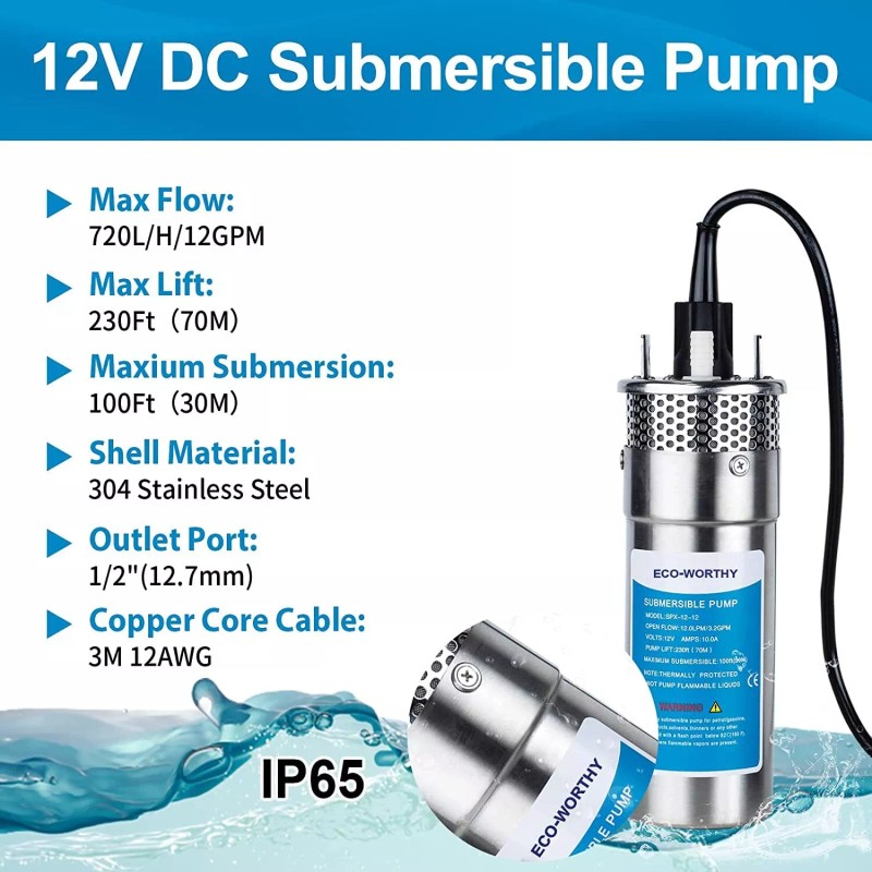 ‎ECO-WORTHY 12V DC Submersible Deep Well Pump 3.2GPM 230ft for