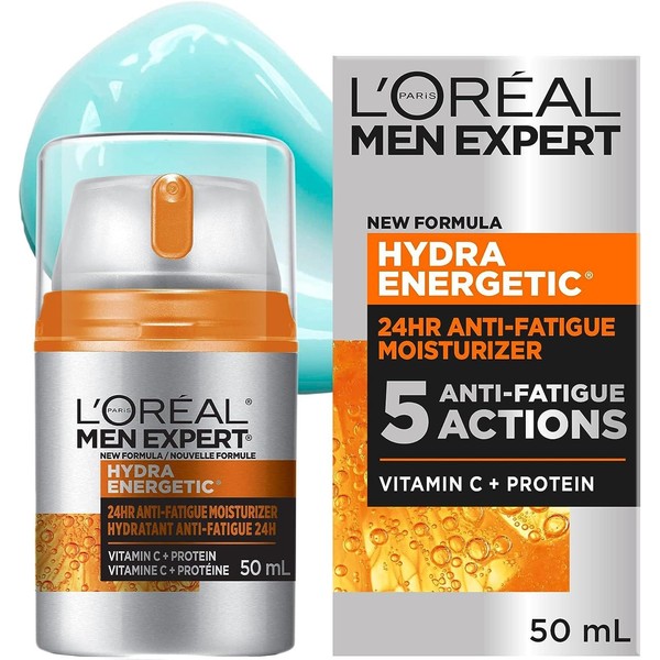 L’Oréal Paris Men Expert Hydra Energetic Face Cream with Vitamin C + Protein, 24HR Non-greasy Face Moisturizer for Men, For Dry and Dull Skin, Reduces look of fine lines & dark circles, 50ml