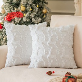 COSIBONO Snowflake Christmas Pillow Covers 18x18 Inch Set of 2, White Plush Embroidered Reindeer Shaped Throw Pillows for Couch, Soft Faux Fur Decorative Cushion Covers for Winter Holiday Home Decor