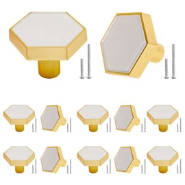 SWZHAI 12 Pcs Gold Knobs for Dresser Drawers, Brushed Brass Hexagon Knobs Drawer Knobs, 1-1/4" Gold Cabinet Knobs Dresser Knobs Pulls for Kitchen Cabinets Cupboard Furniture Knobs, White