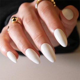 White Press on Nails Almond Medium Fake Nails Press ons Solid Color Nail Tips Full Cover False Nails Glossy Stick on Nail Glue on Nails Acrylic Press on Nail Kit Art for Women Manicure 24 Pcs