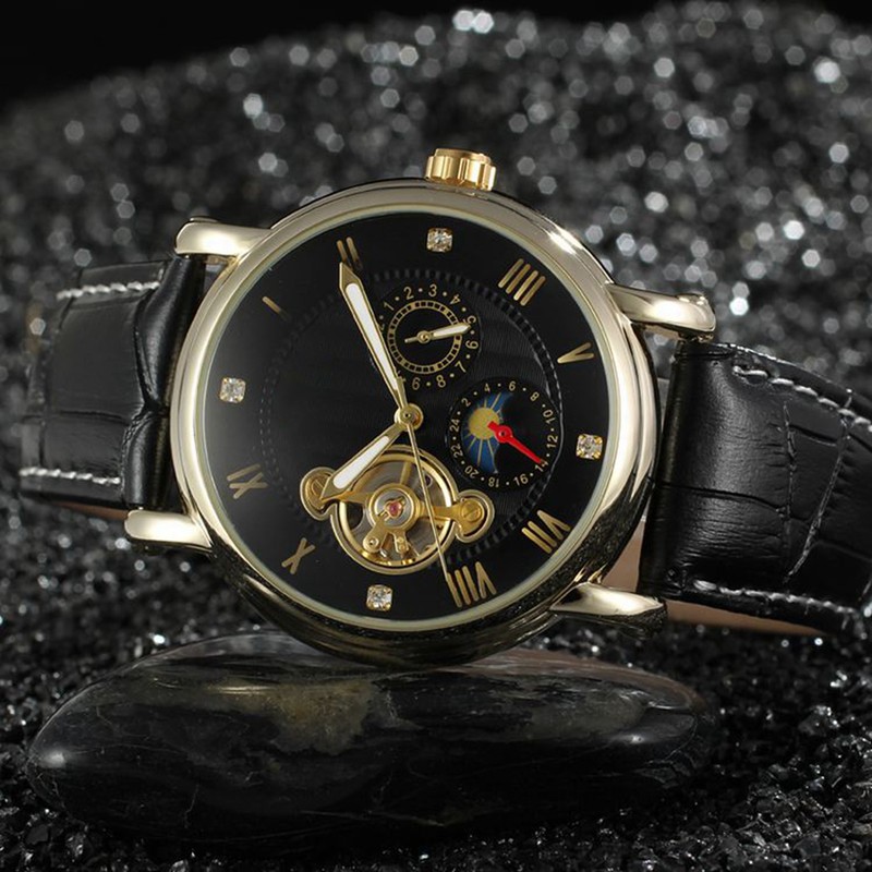 FORSINING Male Automatic Watch PU Leather Strap Analog Wristwatch(White Rose
