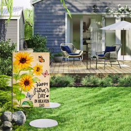 Happy Father's Day in Heaven Garden Flags, Memorial Flowers with Butterflies Grave Yard Decoration, Small Gift for Daddy Papa Grandpa Remembrance Cemetery Outside Outdoor Decor 12x18 Inch Double Sided