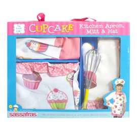 Sassafras "The Little Cook® Ruffled Cupcake Apron Set with Bonus Whisk - Our Children's Apron Set Includes an Apron, Kids Oven Mitt, Adjustable Child's Chef's Hat and Bonus Whisk