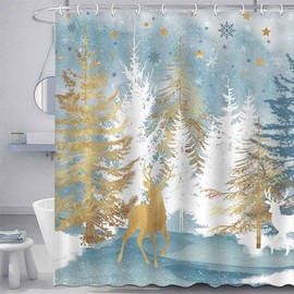 Mocsicka Christmas Trees Shower Curtain Vintage Merry Christmas Bathroom Curtain Xmas Reindeer Shower Curtain Set with 12 Hooks, 72x72 Inches
